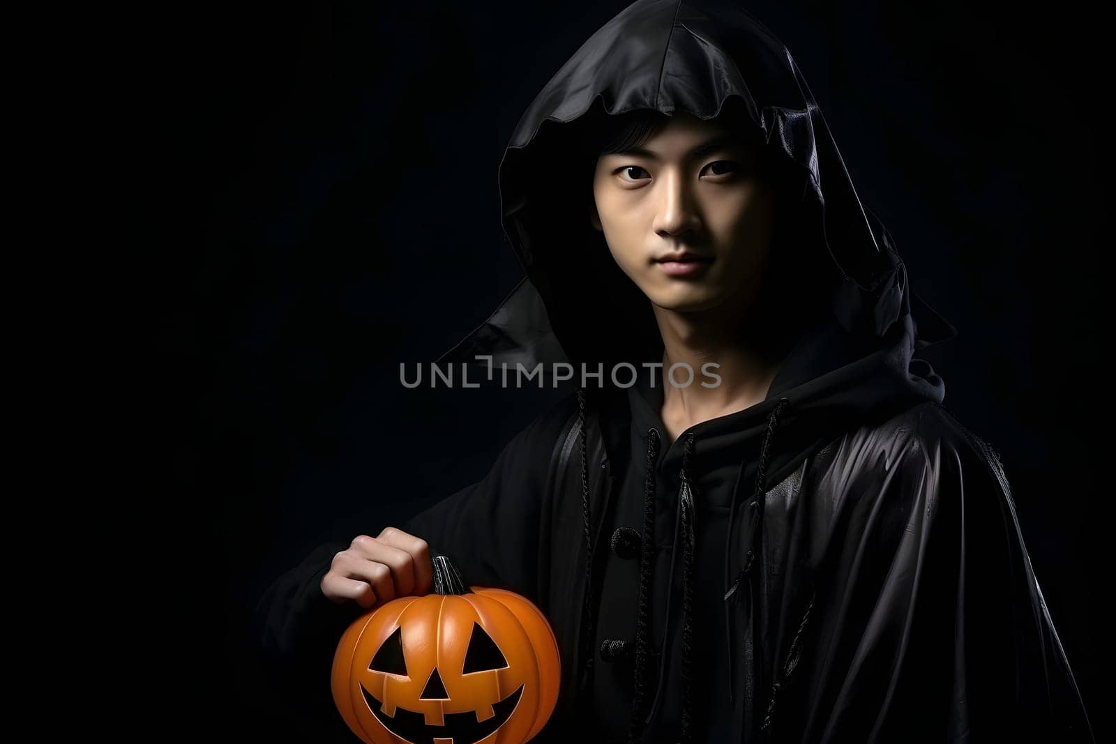 A young Asian man is standing in a dark setting, wearing a black hooded cloak and holding a carved Halloween pumpkin