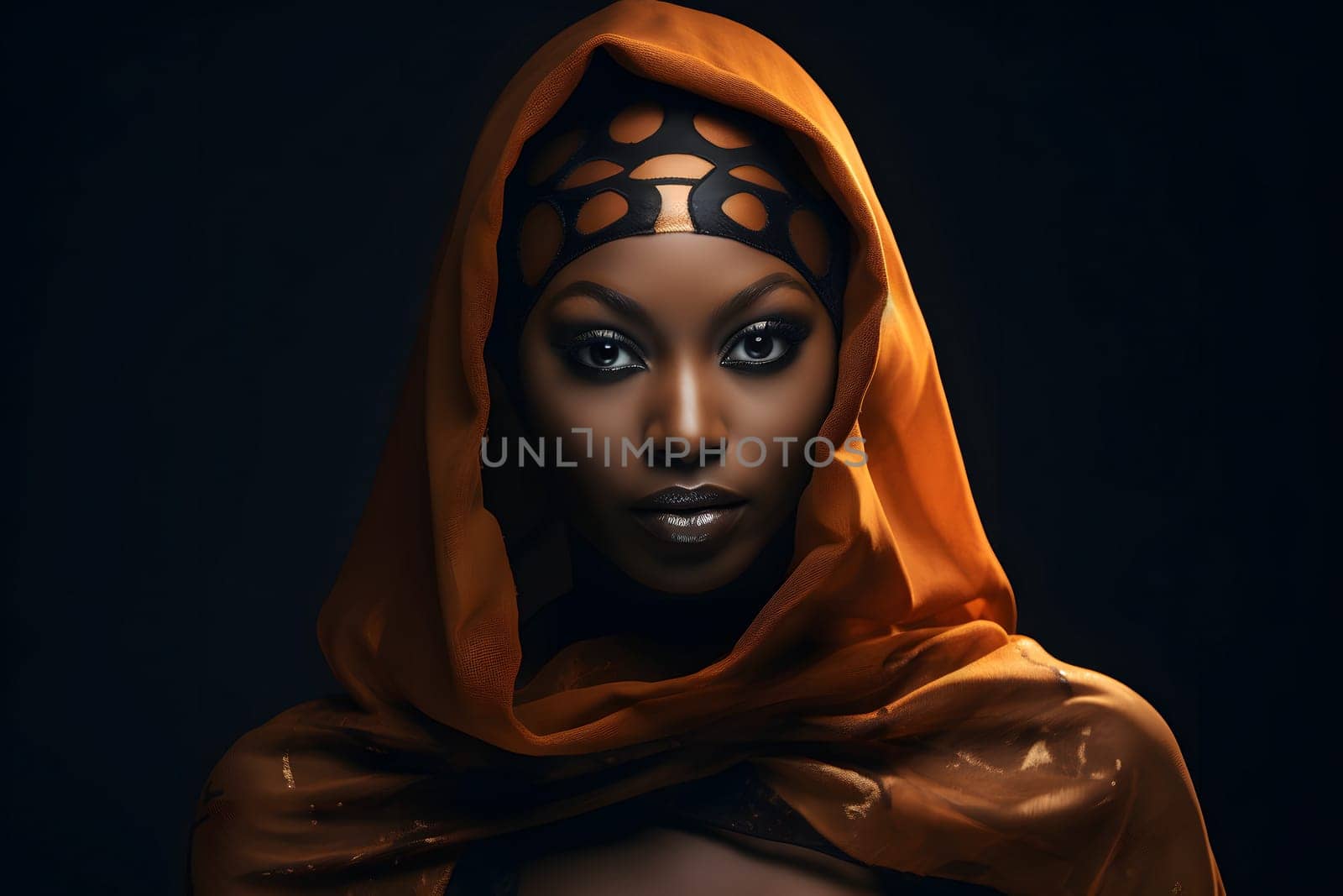 A black woman in an amber hood poses with dramatic lighting, creating a mysterious and captivating portrait