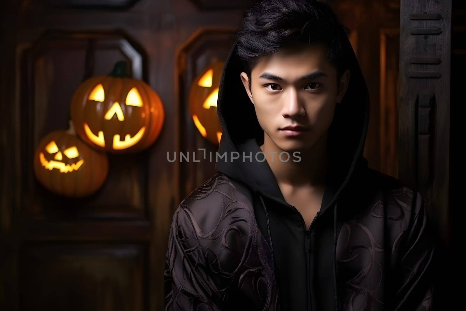 A young Asian man in a dark costume stands in front of a wooden backdrop with glowing carved Halloween pumpkins.