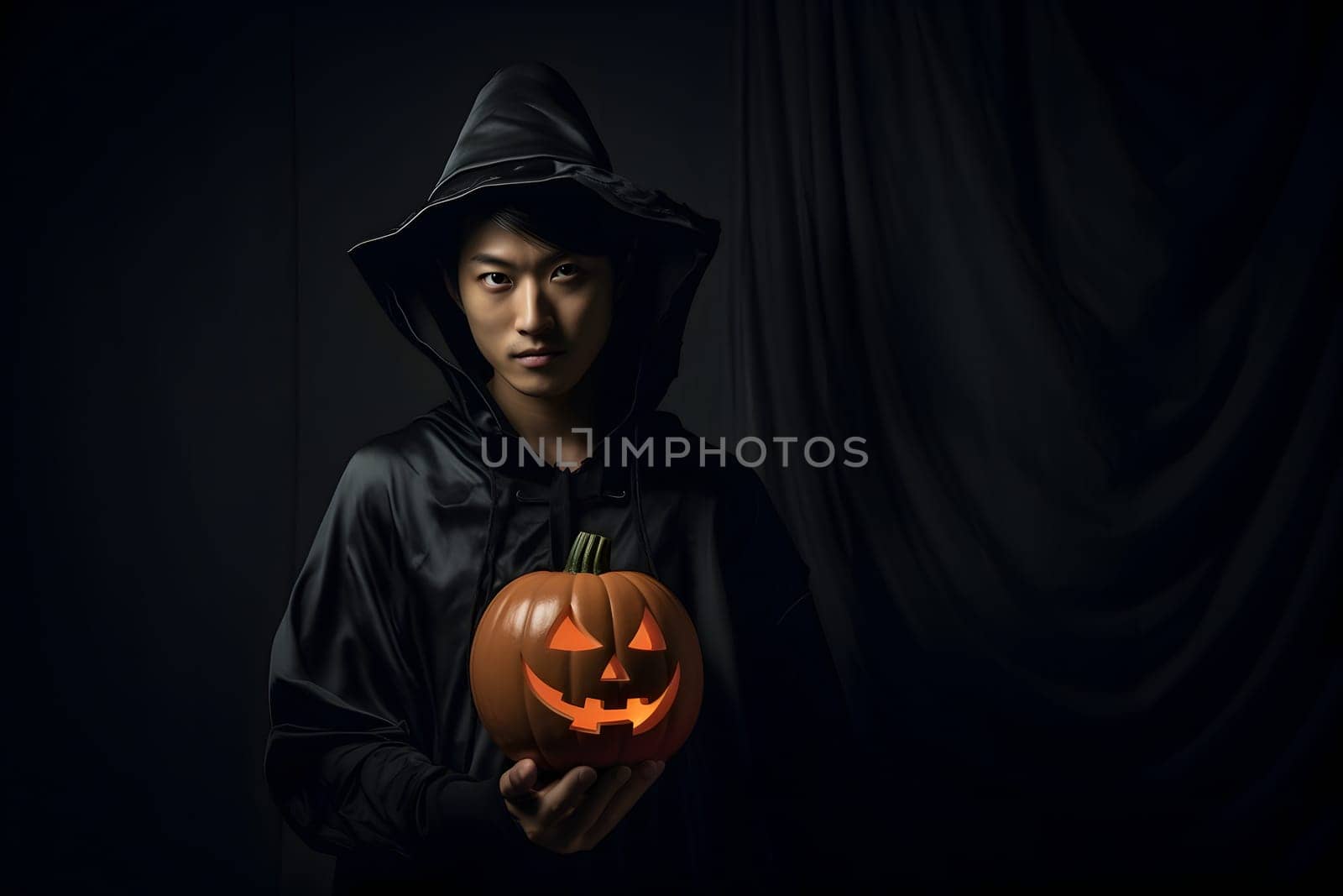 A person in a witch costume holds a glowing jackolantern in a dark setting, symbolizing Halloween