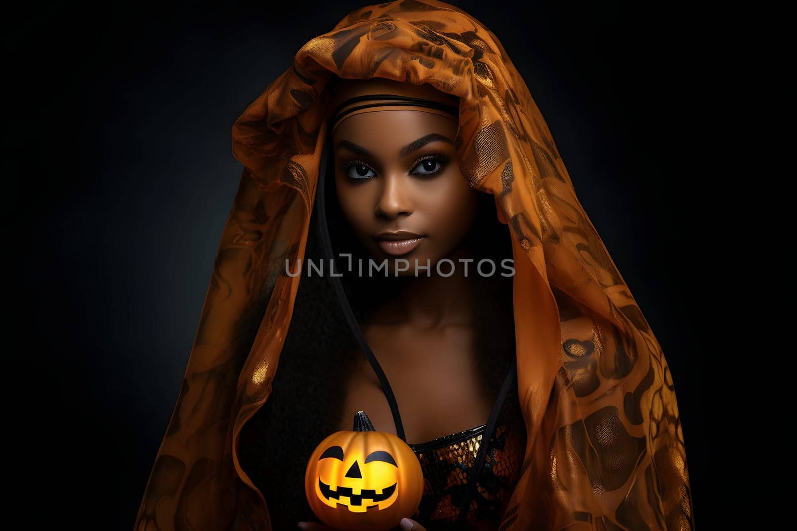 Enchanting African American woman with an orange veil holding a glowing pumpkin lantern, perfect for Halloween themes.