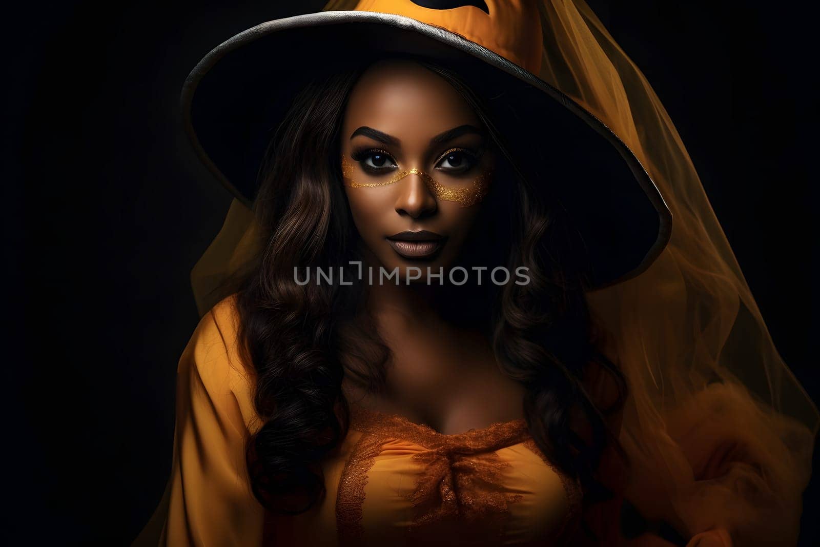 A beautiful African woman dressed as a witch in orange attire and hat, perfect for Halloween-themed content.
