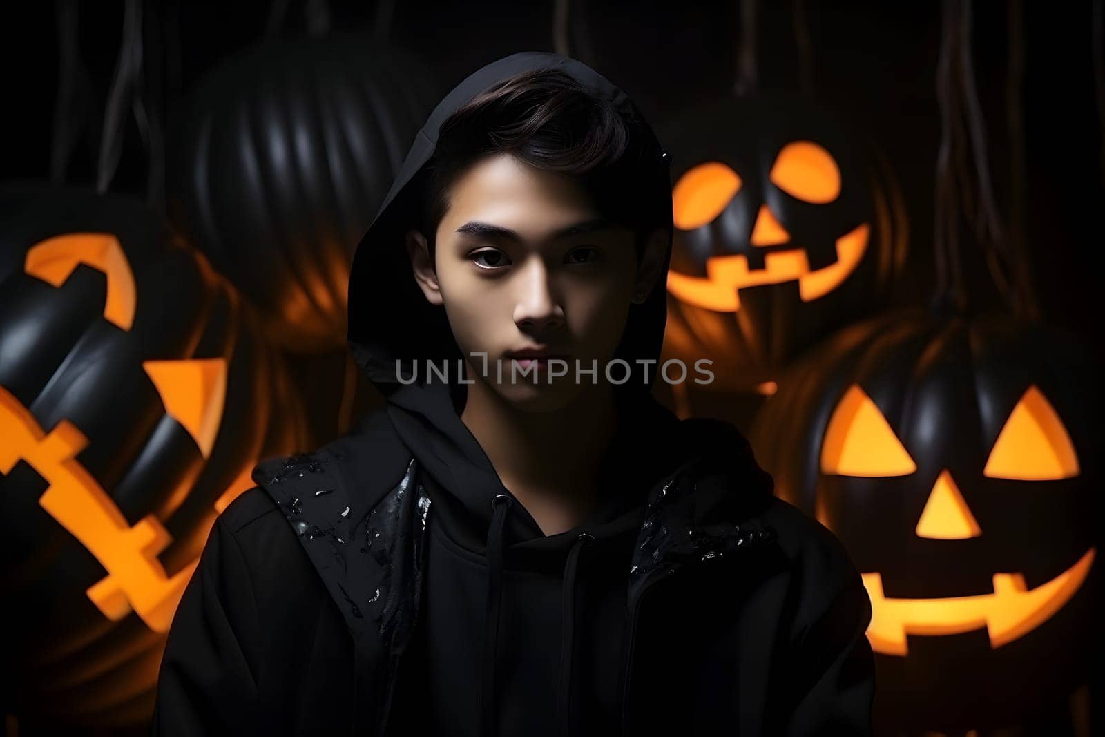 A young person in dark hoodie among glowing jackolanterns, setting a spooky Halloween atmosphere