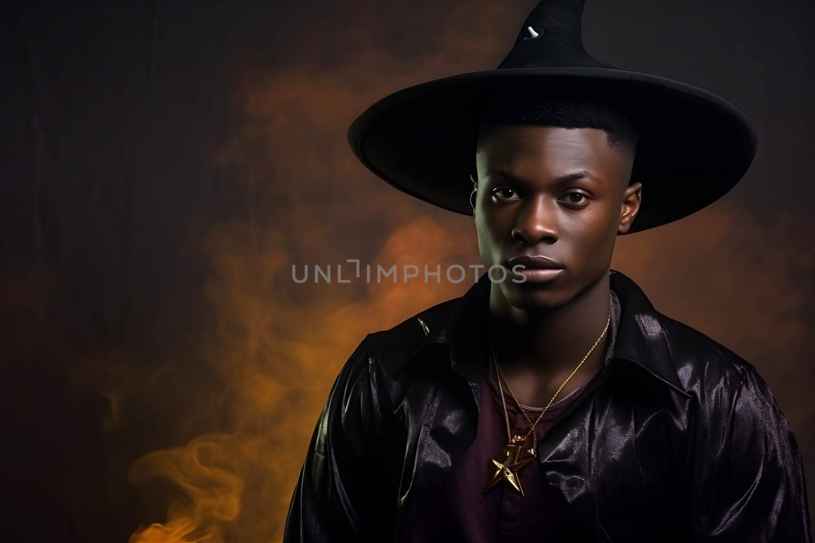 Fashionable young adult African man wearing a black hat and jacket, surrounded by smoky background in dramatic lighting.
