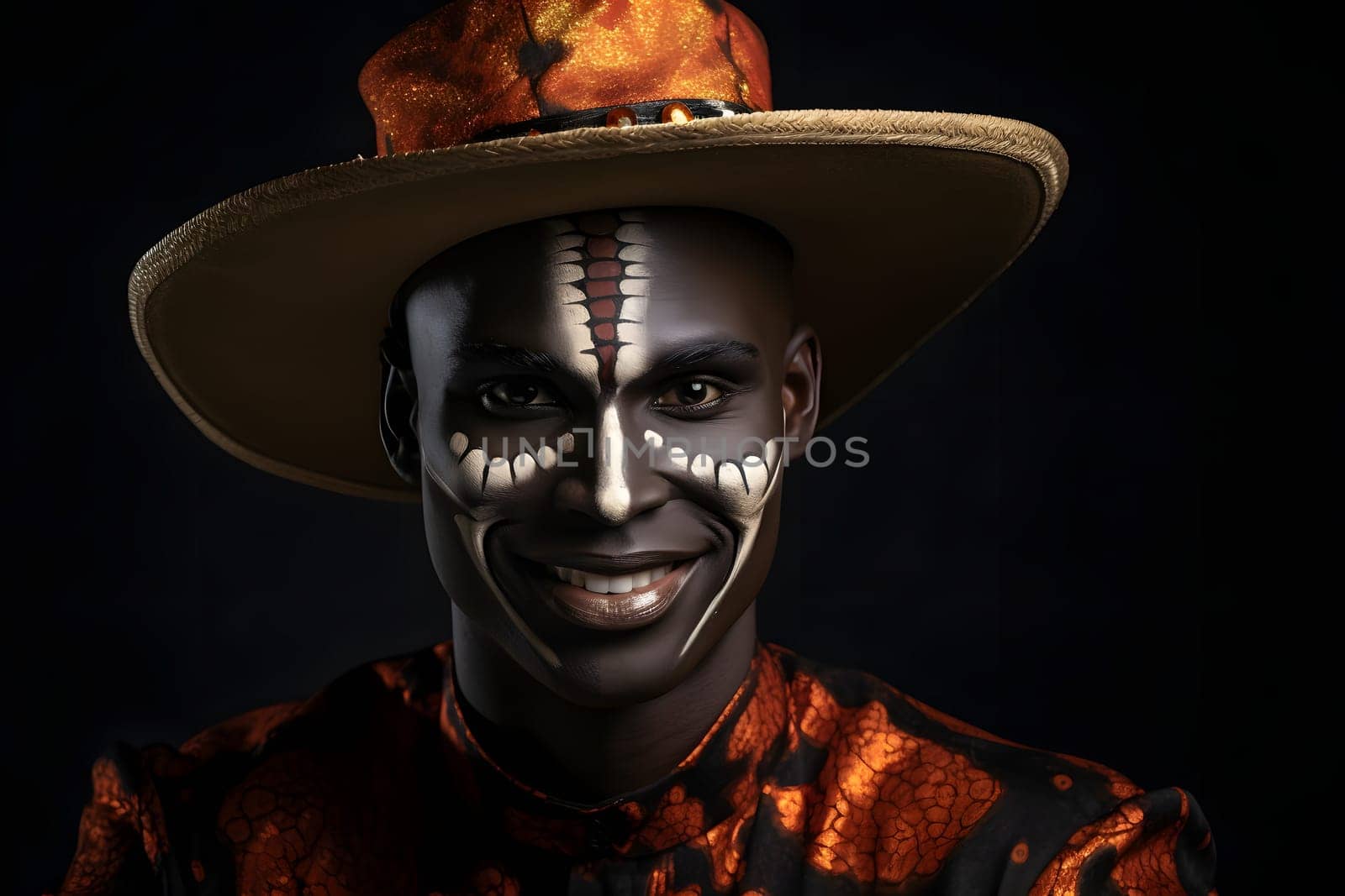 A black man in a unique Halloween costume with face paint and a stylish hat stands against a dark background