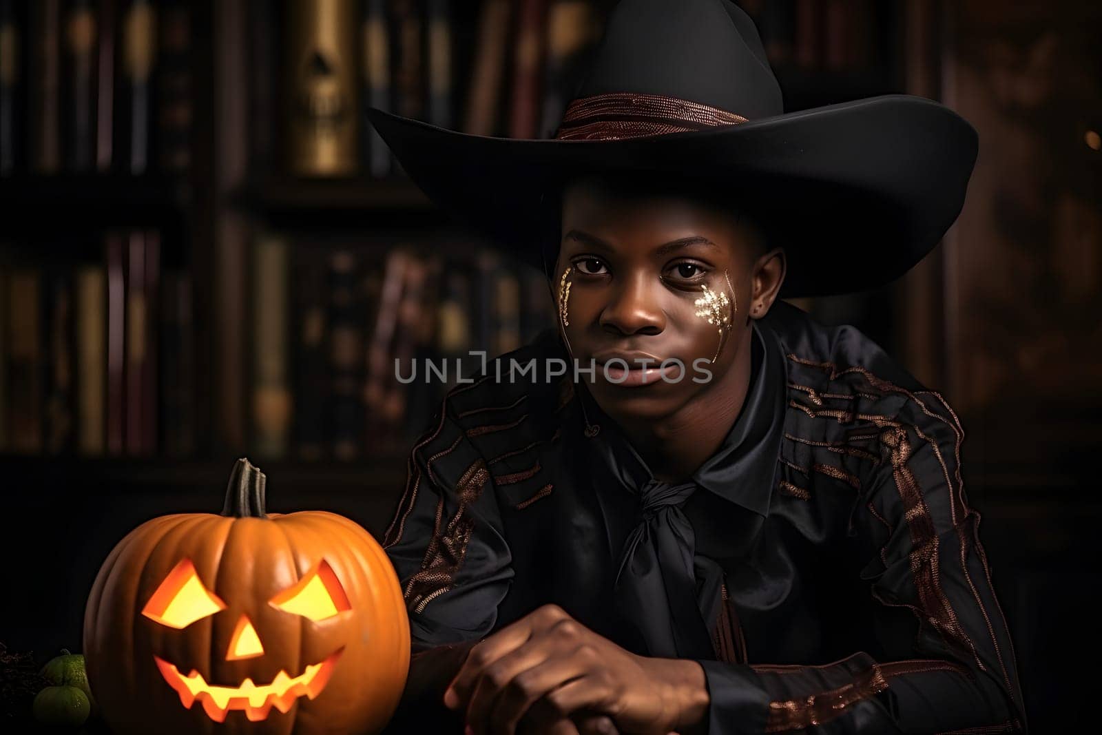 Portrait of a black kid dressed as a witch with a black hat and sparkle makeup next to a carved pumpkin.