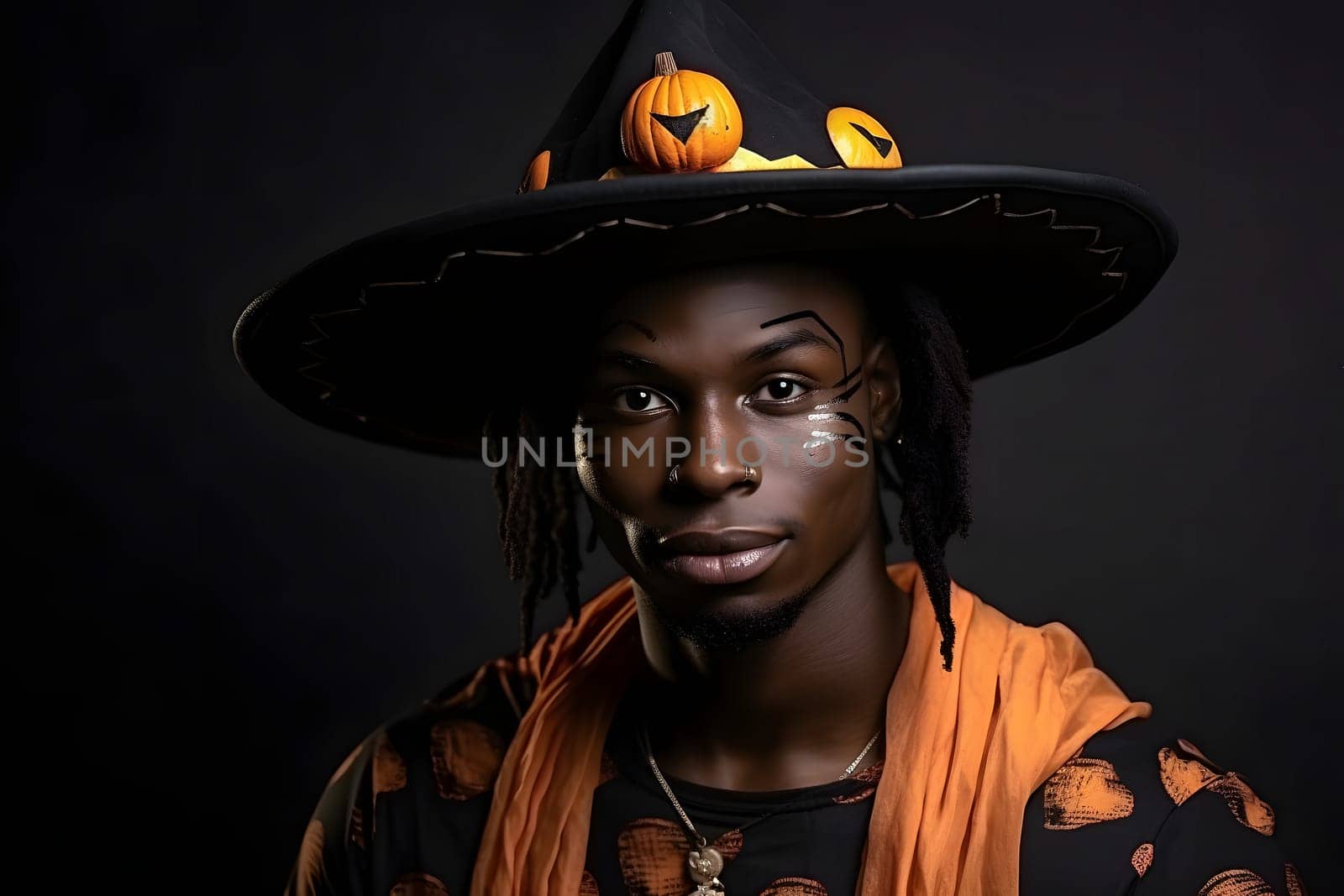 Portrait of African American young adult man wearing a witch hat decorated with pumpkins, festive makeup, and orange scarf for Halloween.