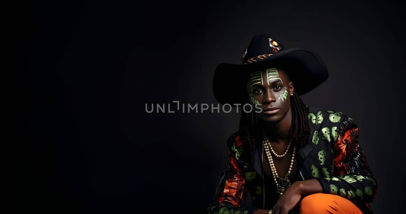 African American man wearing face paint, a cowboy hat, and a stylish Halloween outfit is striking a pose against a dark background with copy space