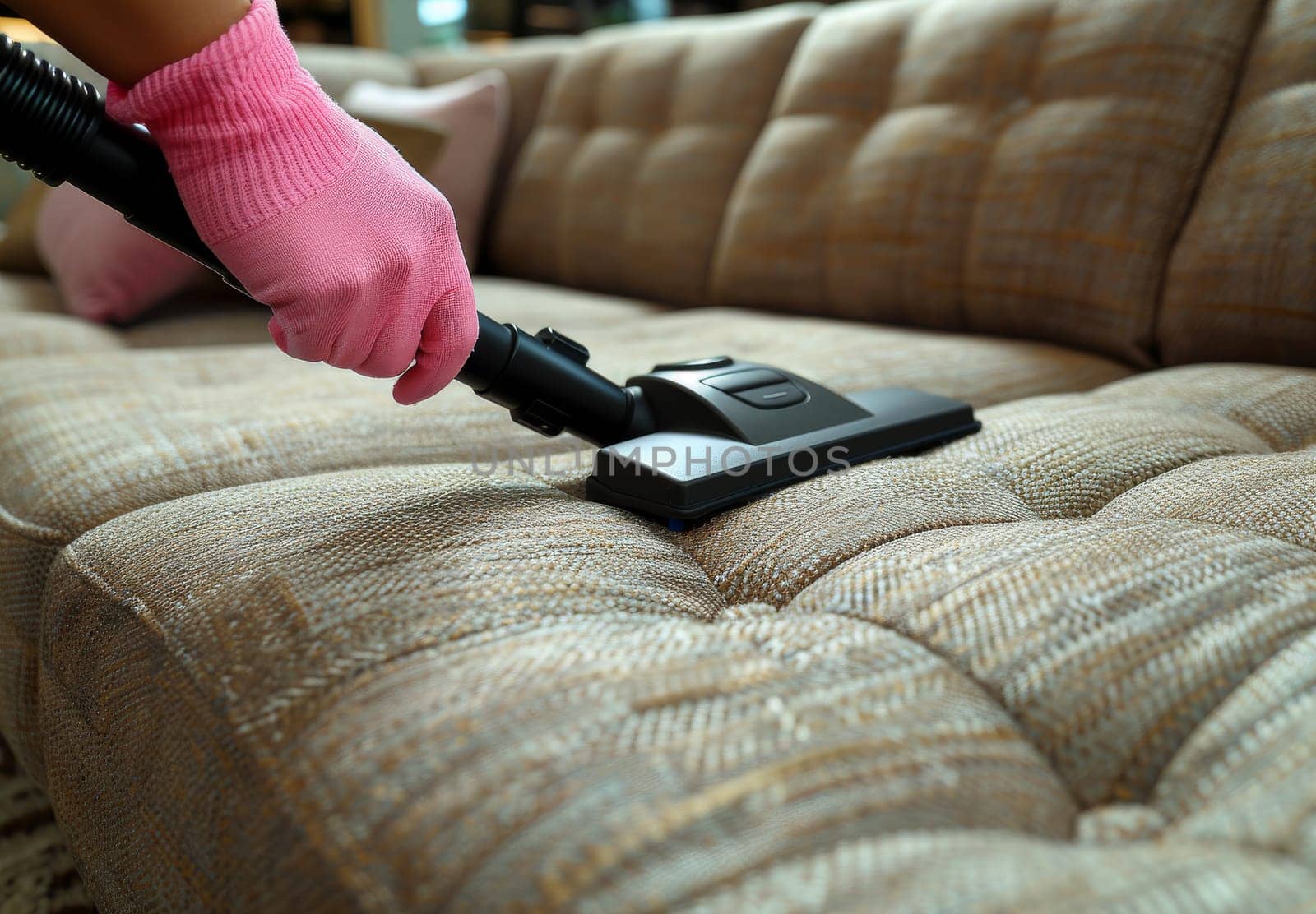 Close-up image depicting household chore of vacuum cleaning with focus on vacuum head and sofa texture