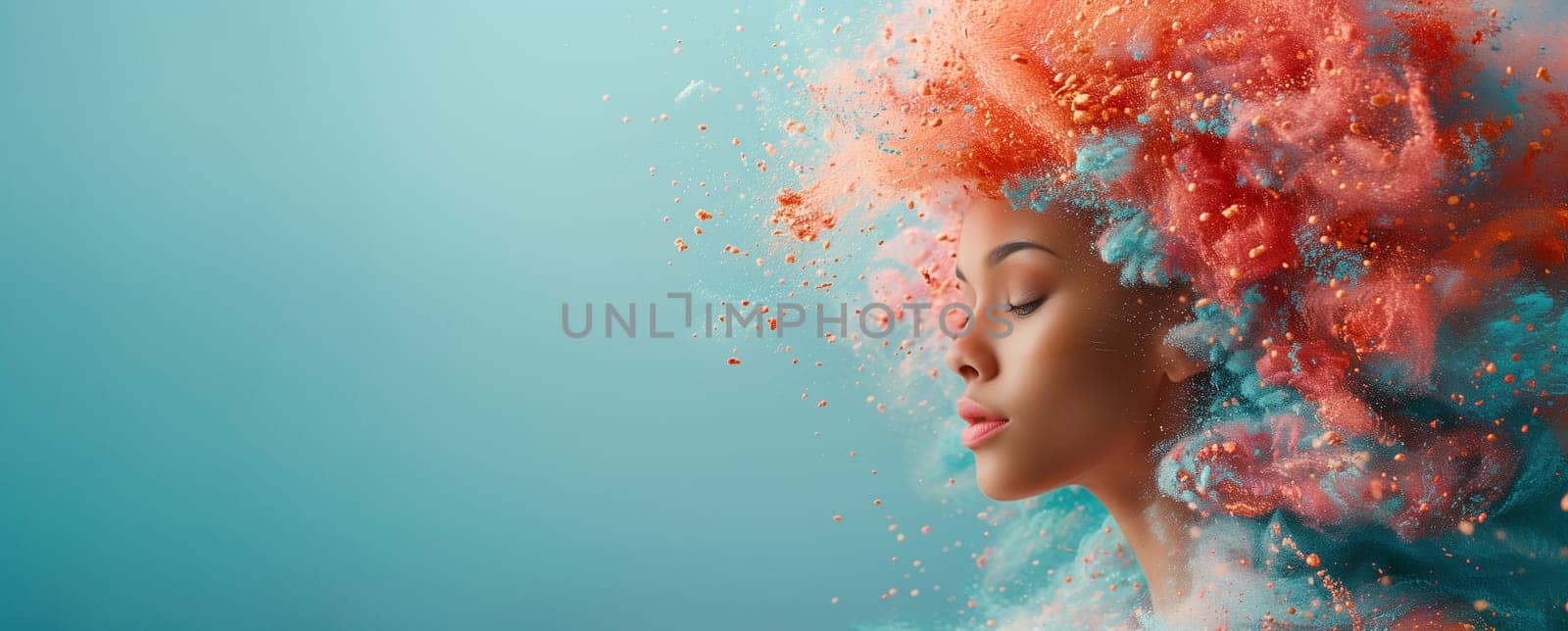 Woman colorful splashes, creativity explosion, positive thinking, self identidy and wave of imagination, consciousness of mind