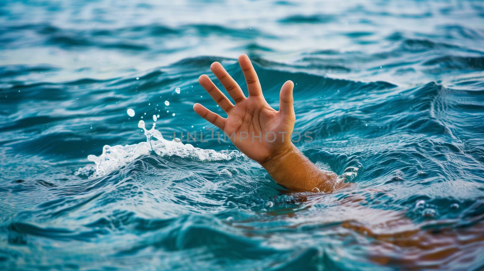Drowning victim, hand asking for help, danger of swimming in lake or river, struggle to survive, failure and rescue in waters