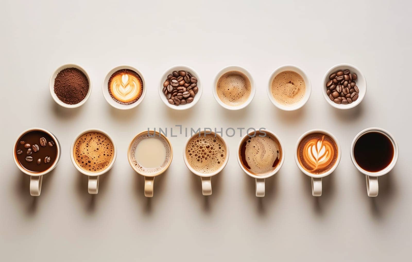 Variety of coffee like cappuccino, espresso, milk coffee, hot drink for breakfast, take a break