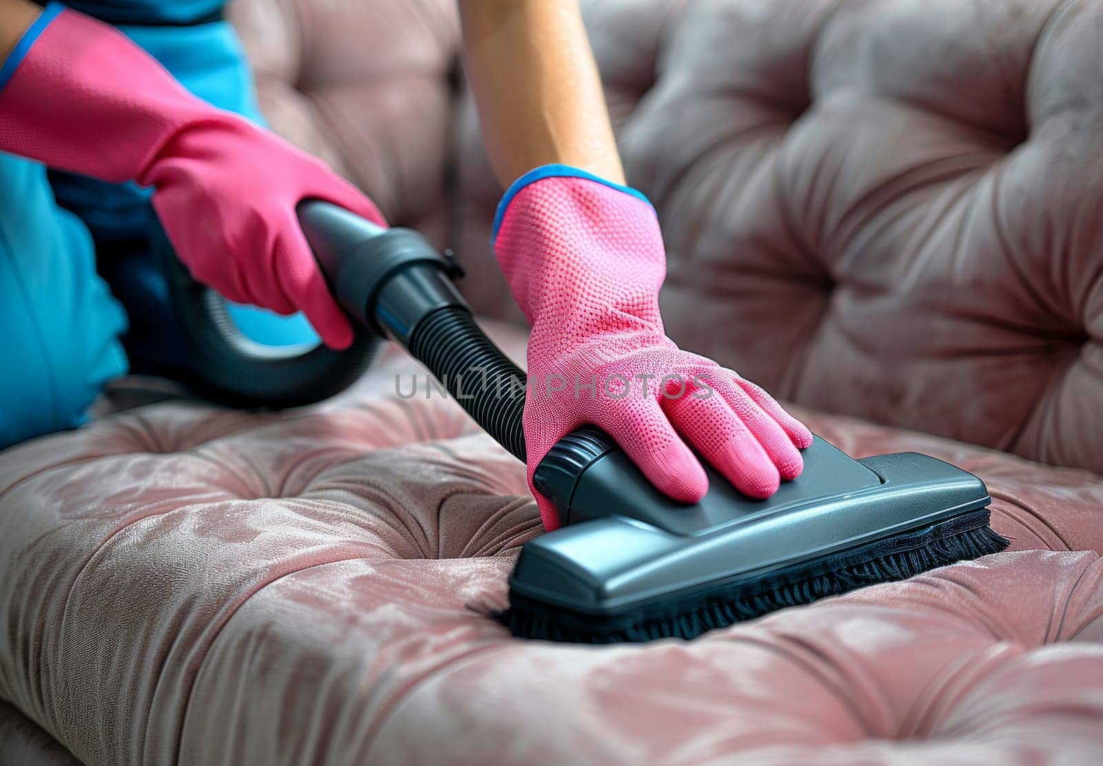 A person is vacuum cleaning a sofa wearing pink gloves, focusing on household cleanliness
