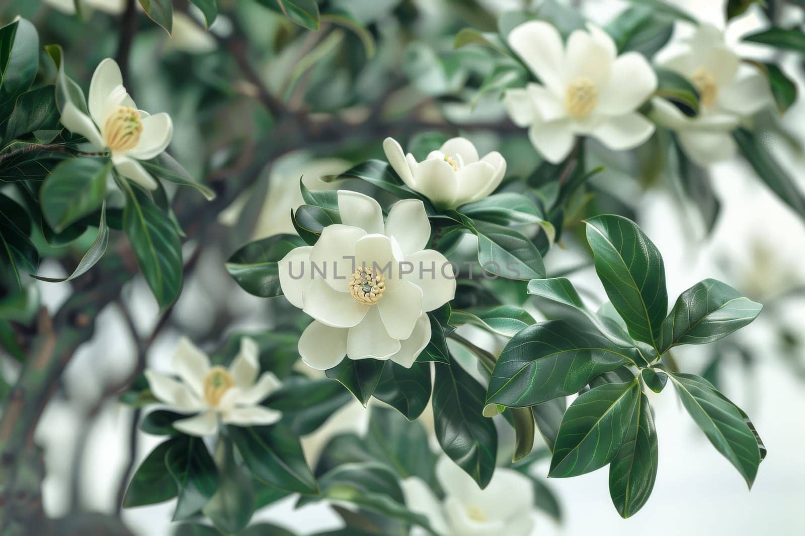 Graceful magnolia tree with fragrant white blossoms and glossy green leaves, ideal for garden-themed projects