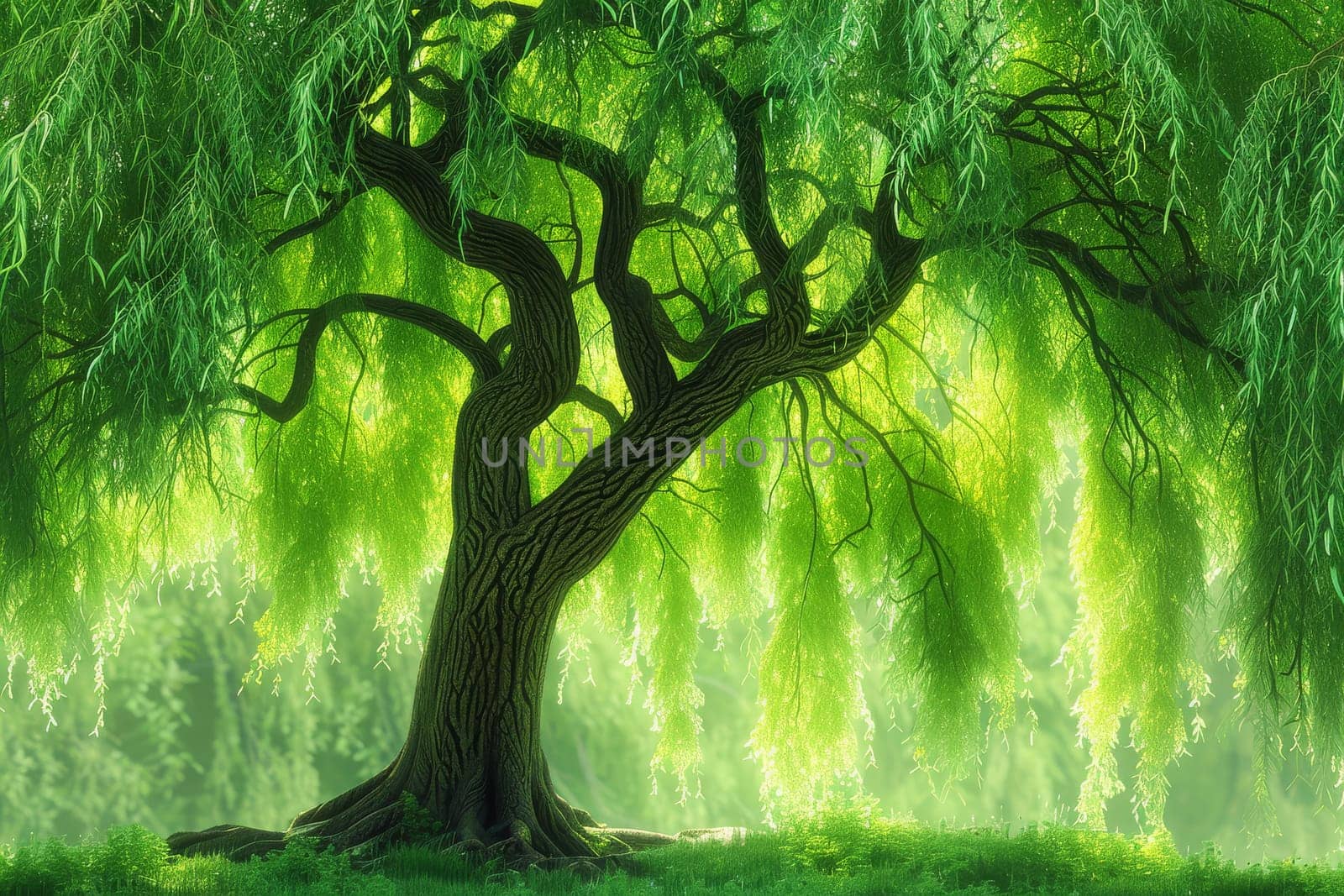 Graceful weeping willow tree with cascading branches and vibrant green foliage, ideal for garden-themed designs