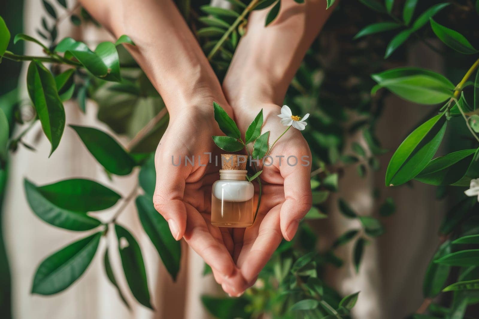 Hands holding natural skincare products with botanical ingredients, organic beauty care