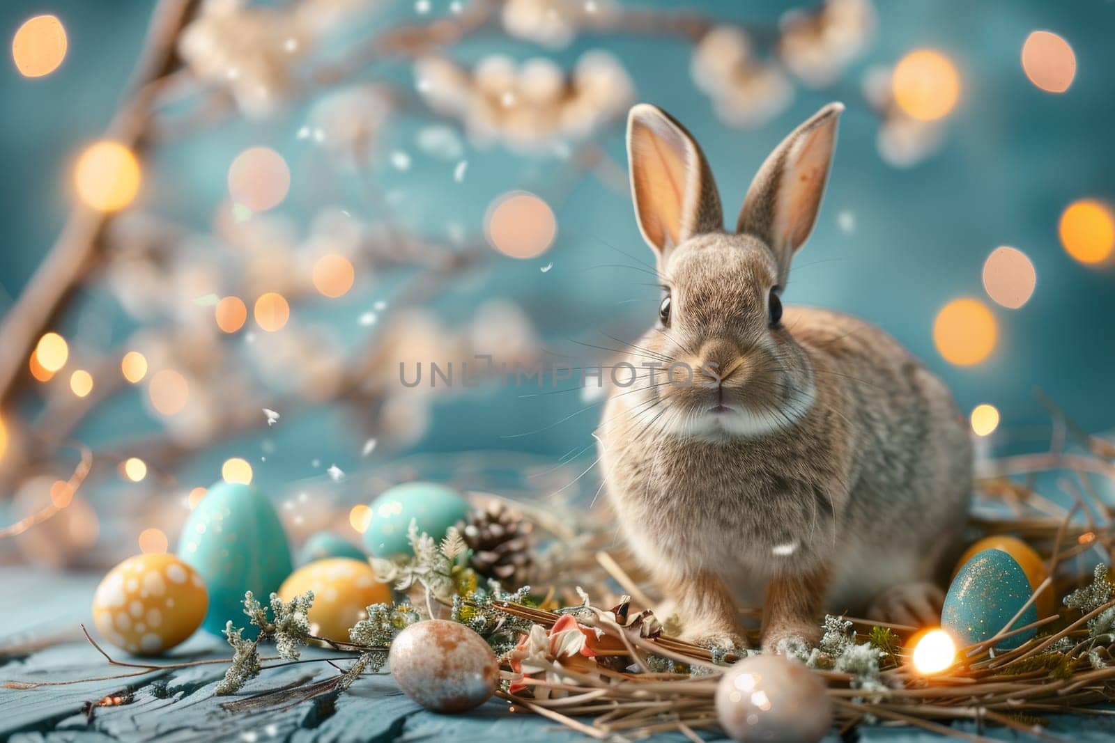 Happy Easter greeting card with a whimsical bunny and festive decorations