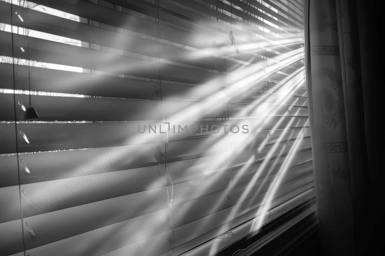 Heavenly light rays streaming through window blinds on a transparent white surface, adding a touch of coziness
