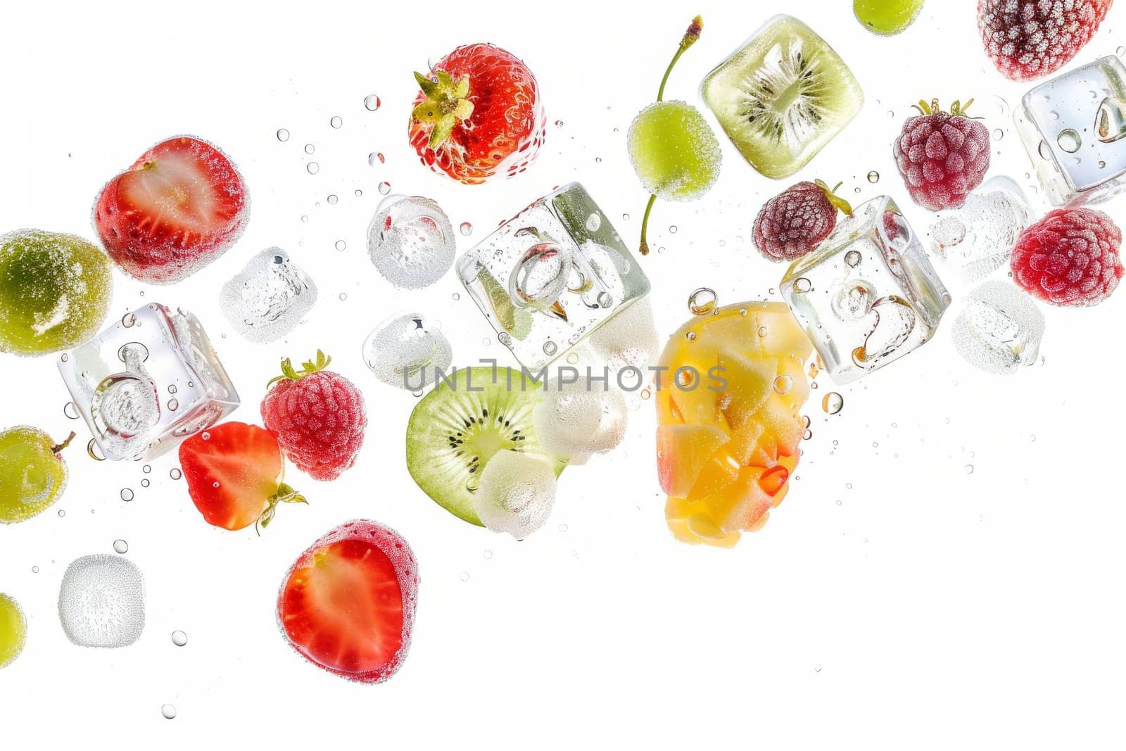 Ice cubes with frozen fruits floating in a transparent white background, perfect for refreshing drink concepts