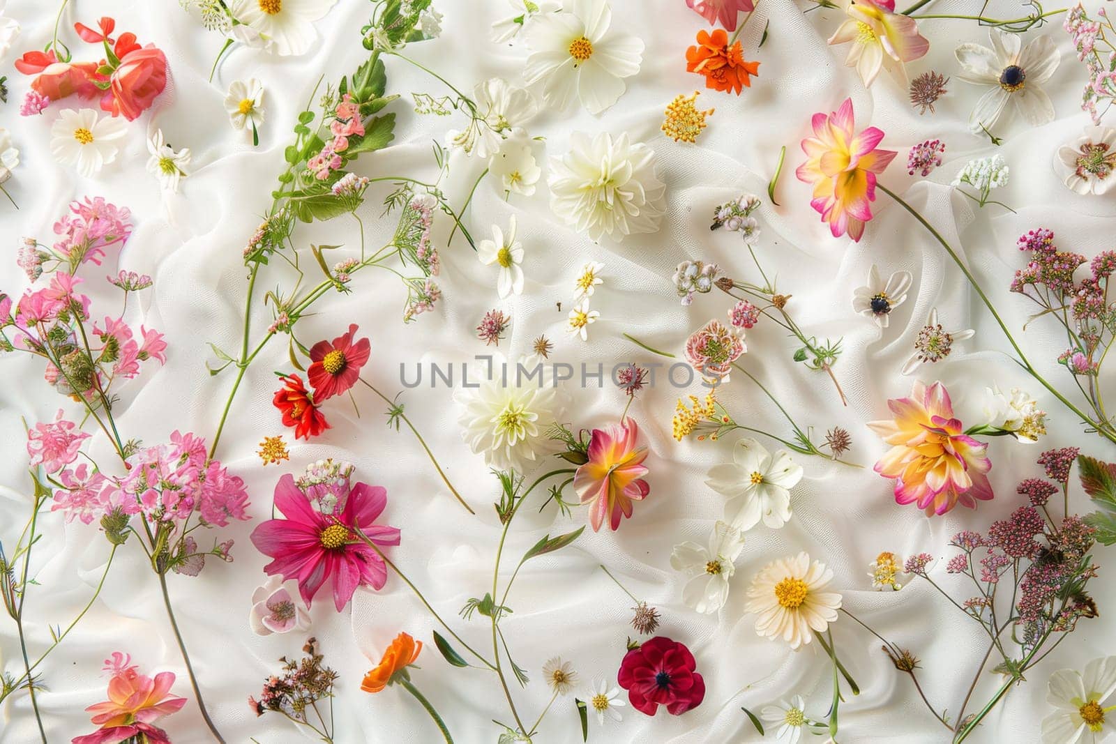 A white background with a variety of flowers, including daisies, roses, and sunflowers