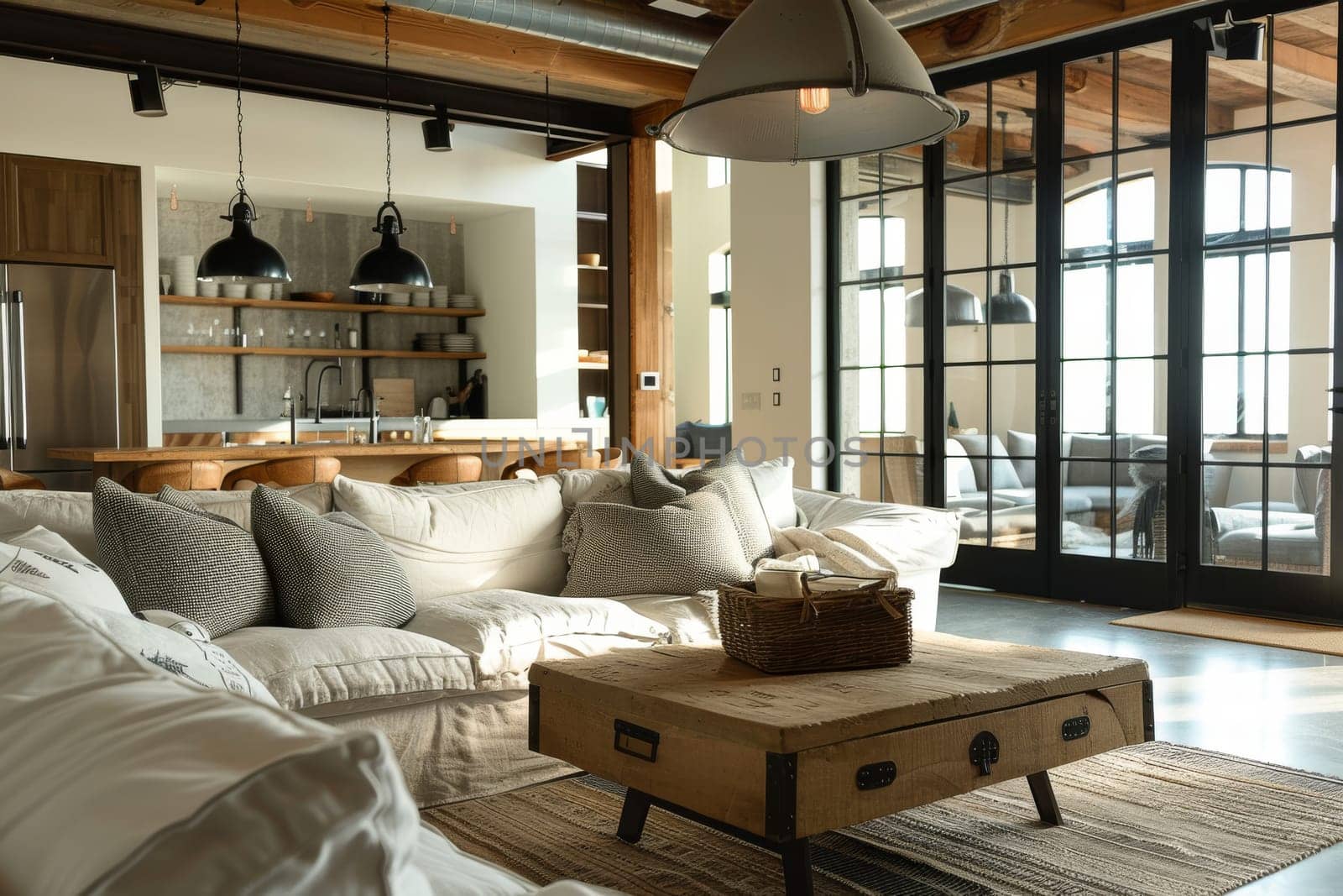 Industrial modern farmhouse living room with a mix of rustic and industrial elements