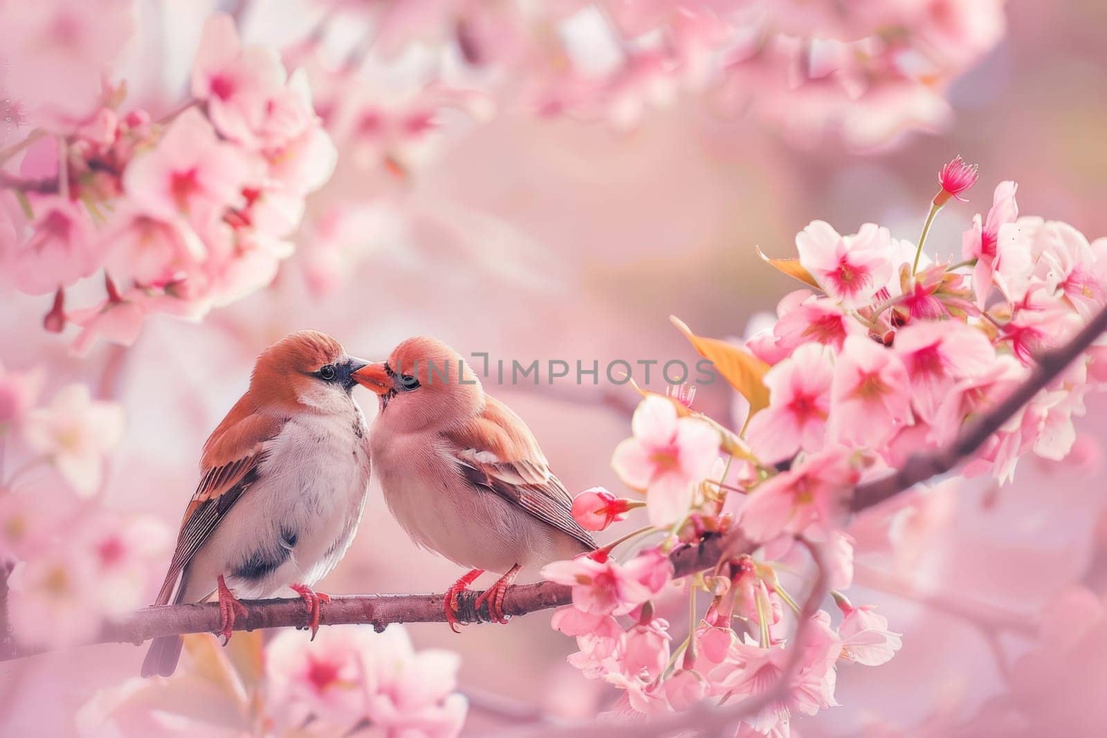 Lovebirds embracing under a cherry blossom tree