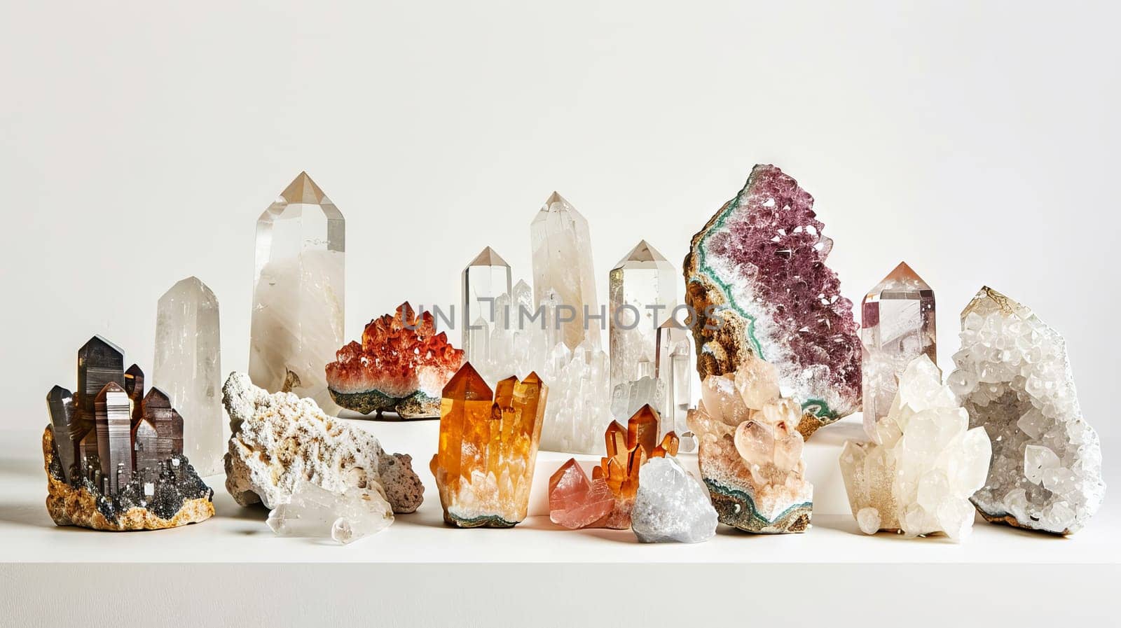 Magnificent crystal specimens showcasing their natural splendor against a minimalist white surface