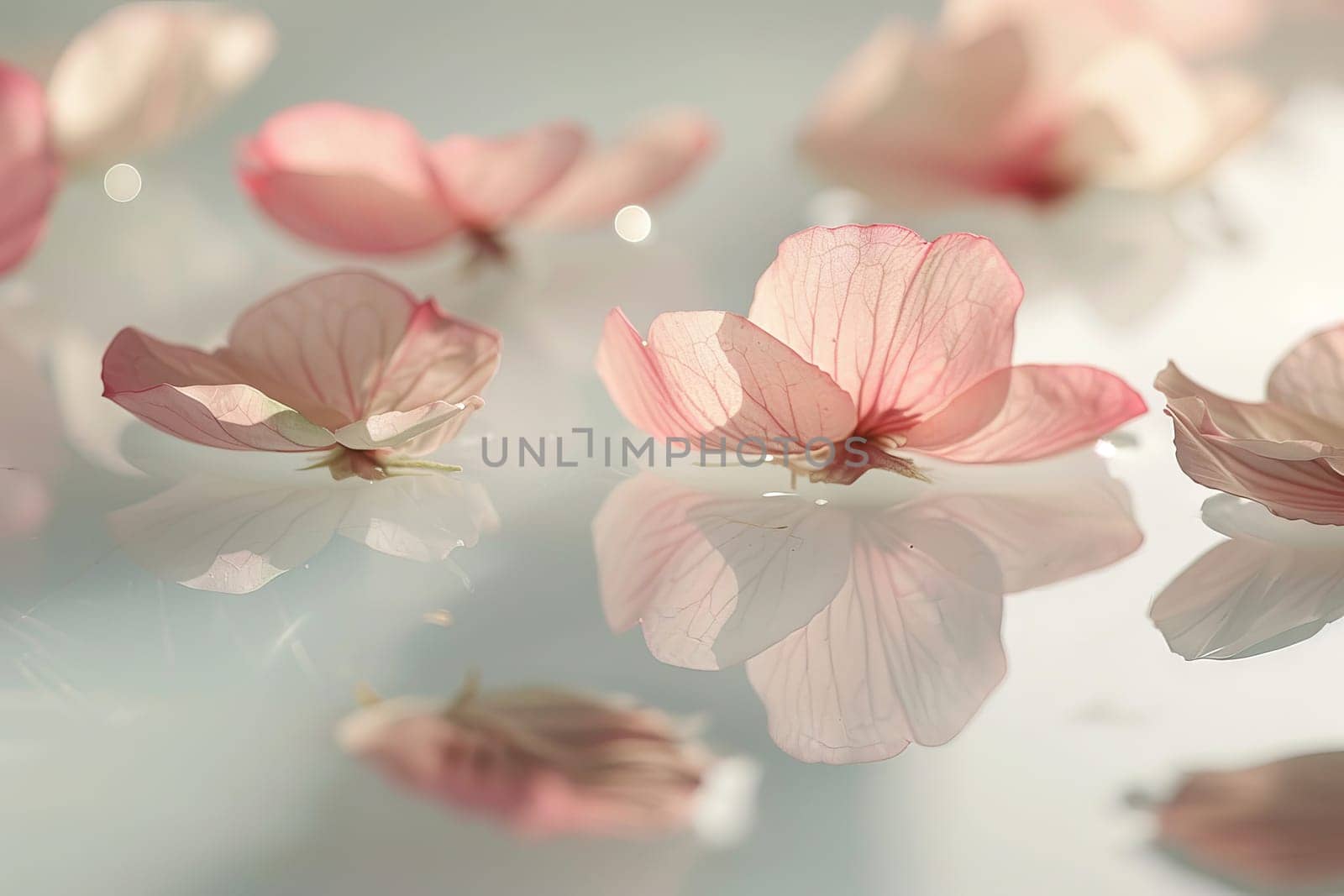 A close up of pink flowers floating in water. The flowers are scattered across the surface of the water, creating a serene and peaceful atmosphere