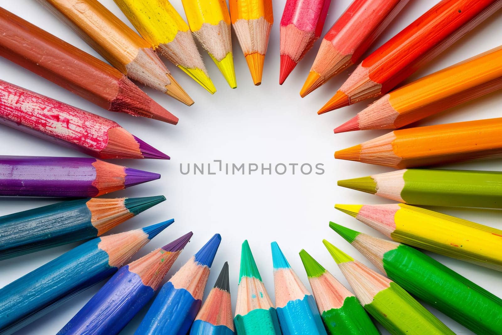 Rainbow-colored crayons arranged transparently in a circular pattern