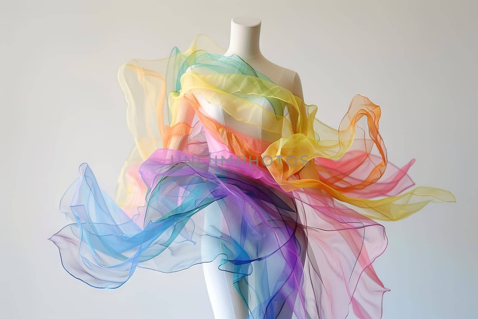 Rainbow-colored fabric transparently draped on a dress form