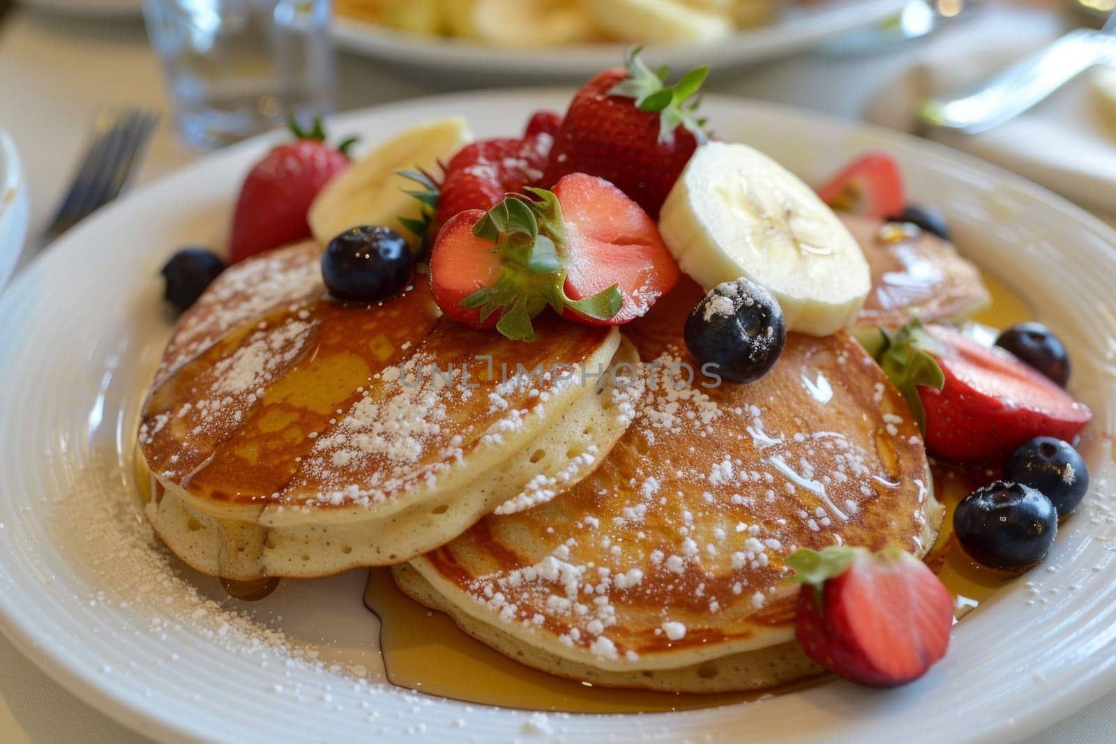 Plate of whole grain pancakes with fresh fruit toppings and a drizzle of maple syrup, a wholesome breakfast option