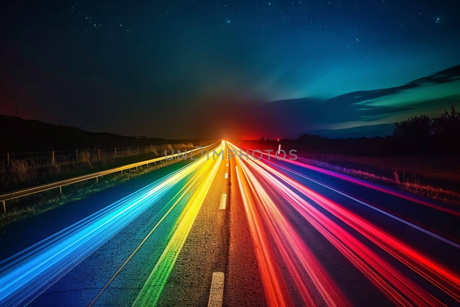 Rainbow-colored light trails transparently streaking across the night sky