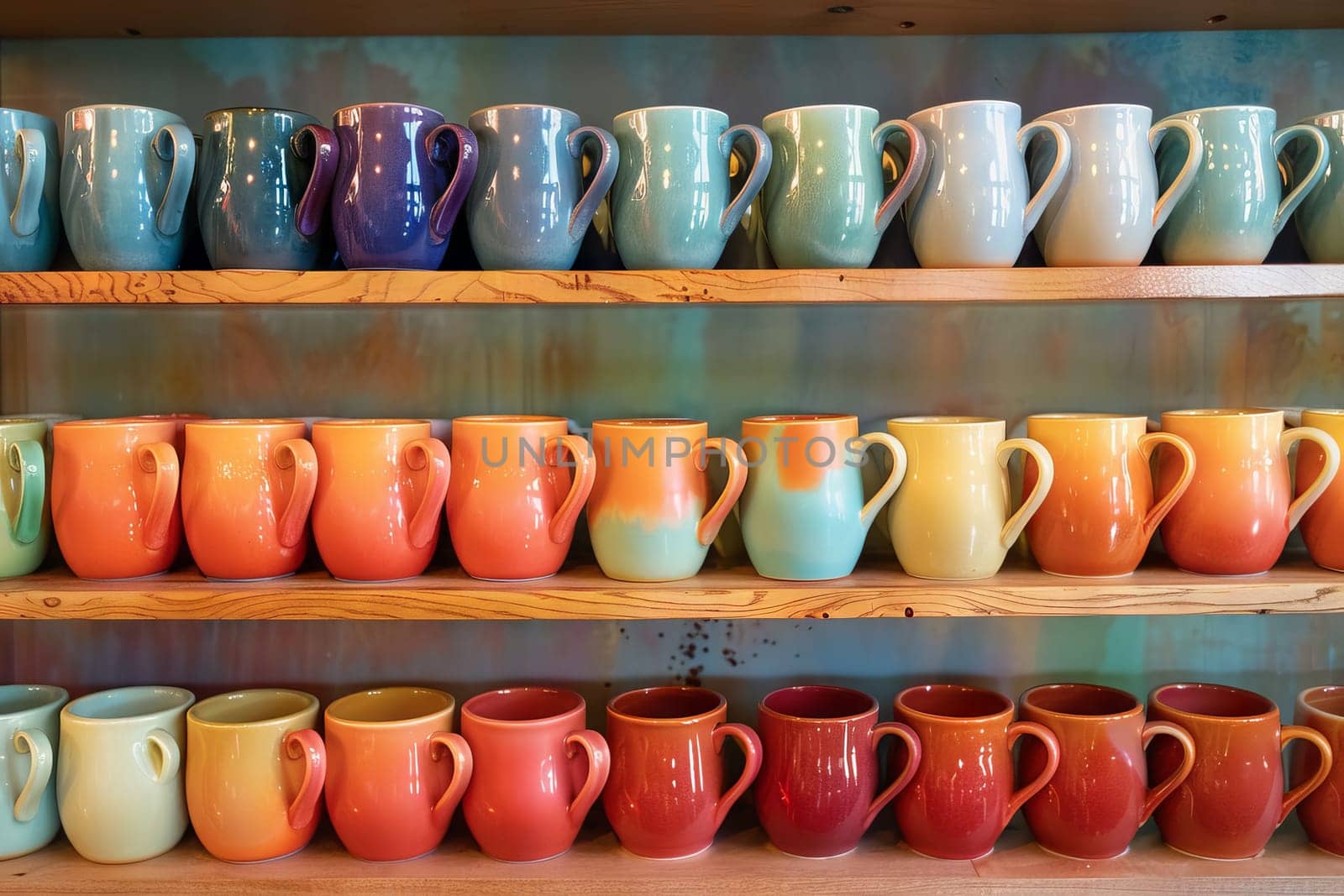 Rainbow-colored ceramic mugs transparently arranged on a shelf