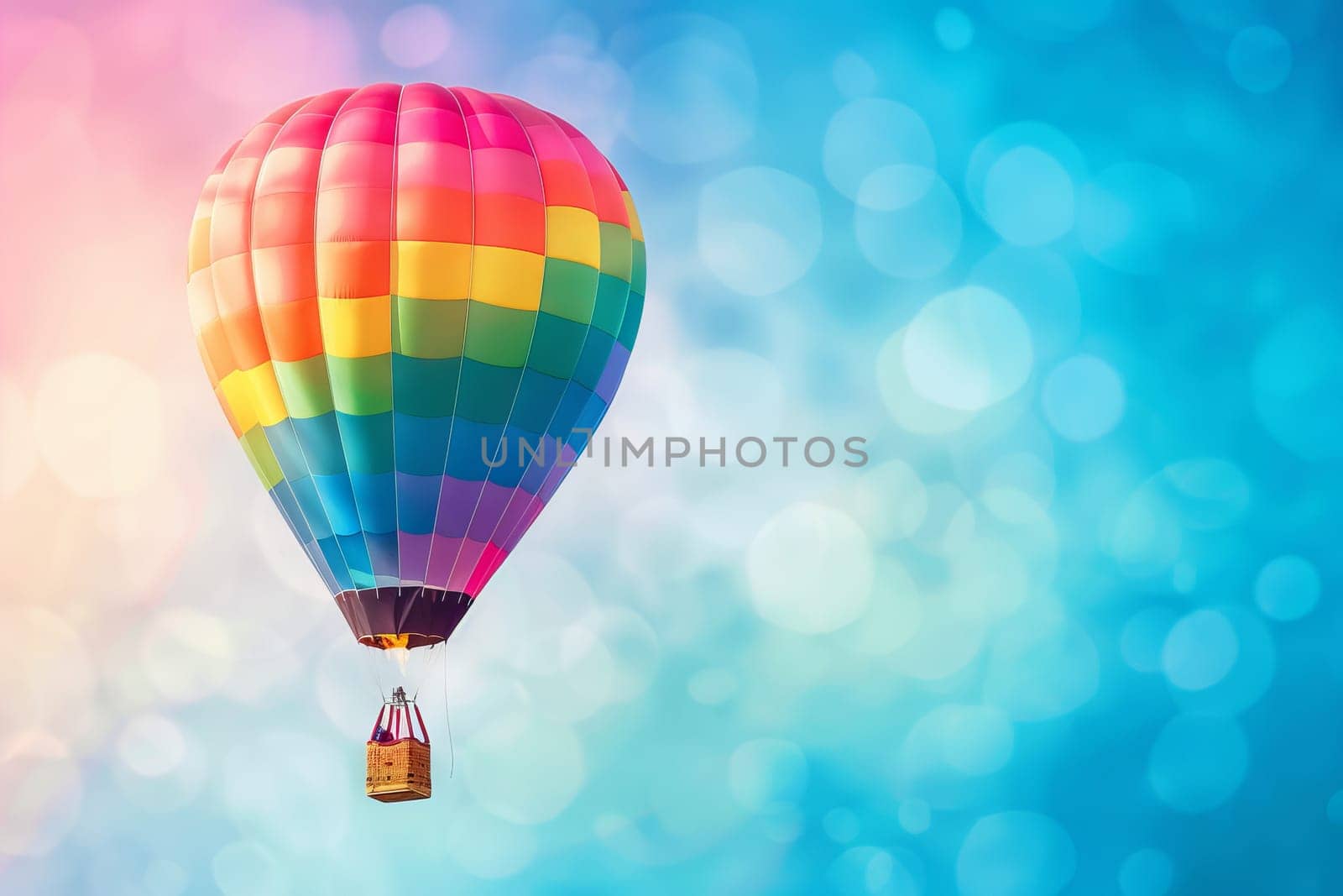 Rainbow-colored hot air balloon floating elegantly with a transparent sky