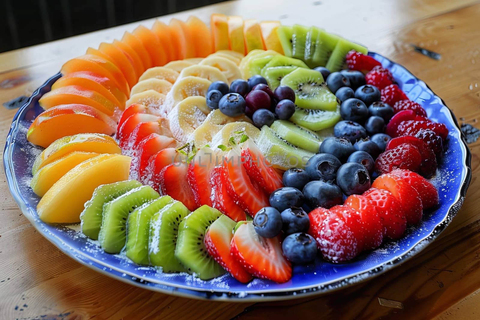 Rainbow-colored fruit transparently arranged on a plate