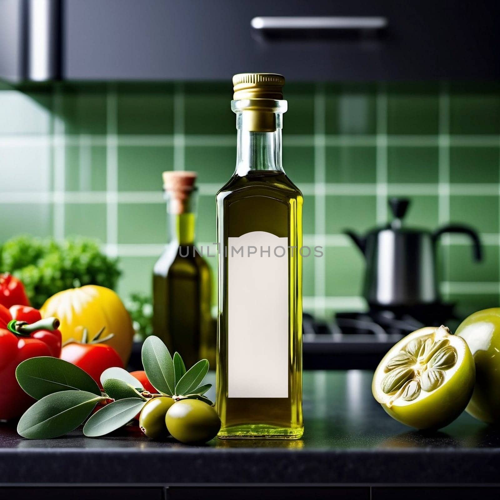 Olive oil glass bottle in a kitchen table, editable PSD mock-up series with smart object layers template ready for your design