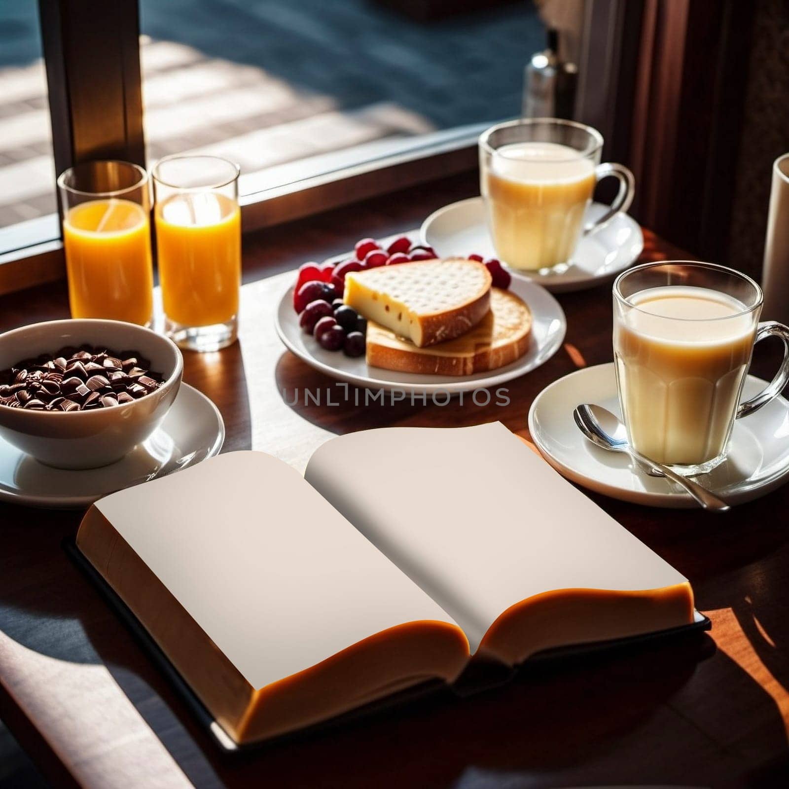 Opened book on a breakfast table, editable PSD mock-up series with smart object layers template ready for your design