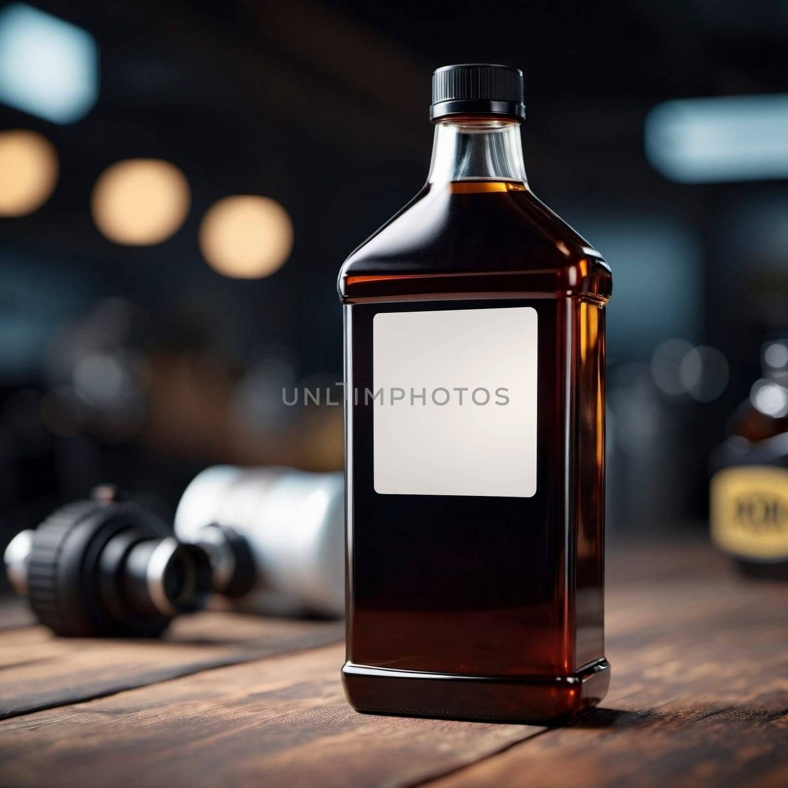 Oil bottle in a wooden table, editable PSD mock-up series with smart object layers template ready for your design