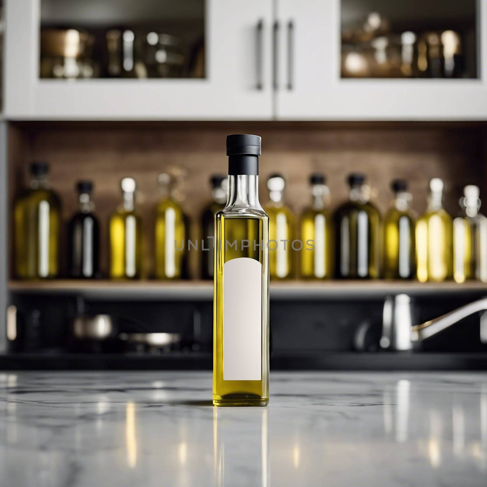 Olive oil glass bottle in a kitchen counter, editable PSD mock-up series with smart object layers template ready for your design