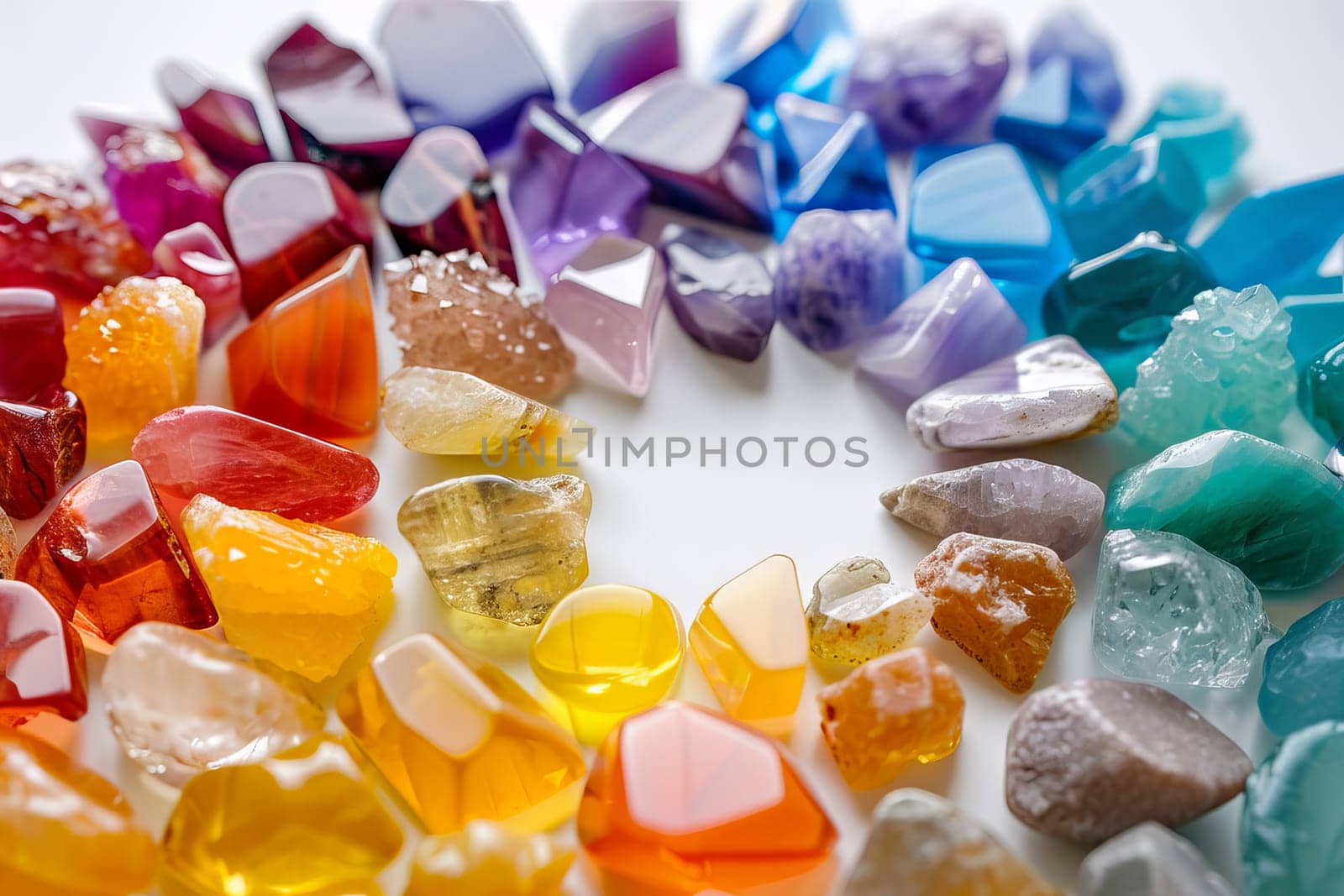 Rainbow-colored chakra stones transparently arranged in a circular pattern
