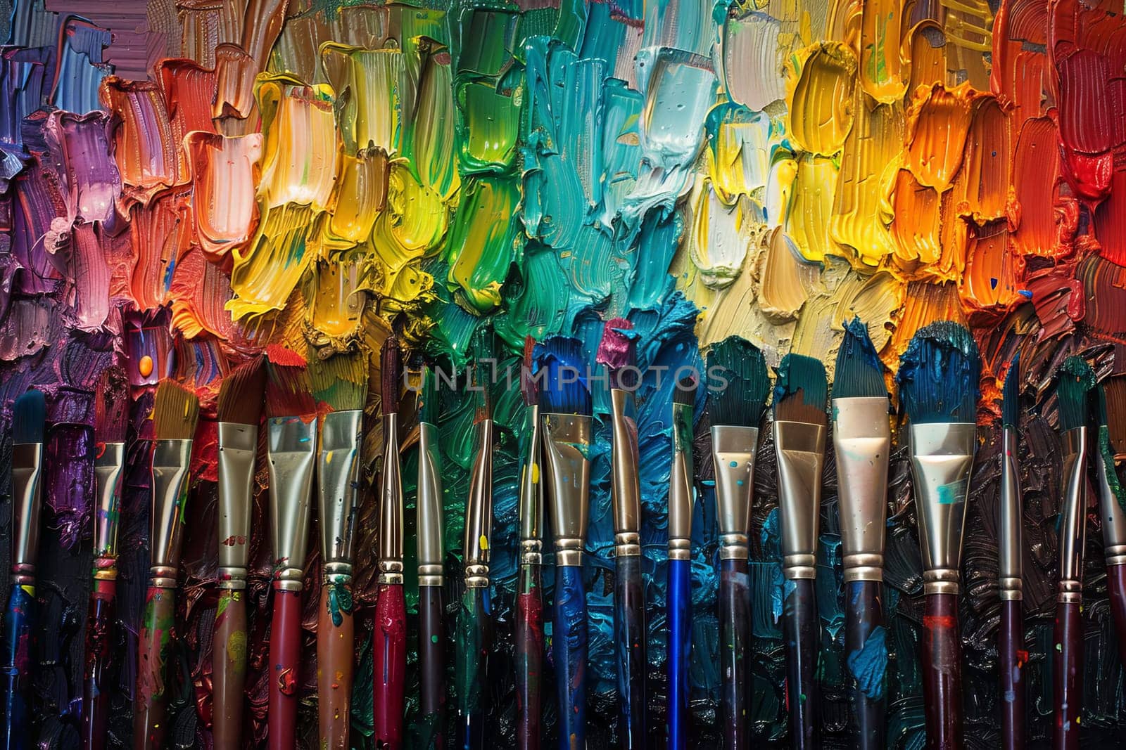 Rainbow-colored paintbrushes transparently arranged on a palette