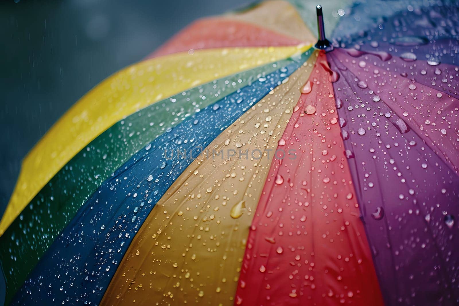 Rainbow-colored umbrella transparently shielding against raindrops on a cloudy day