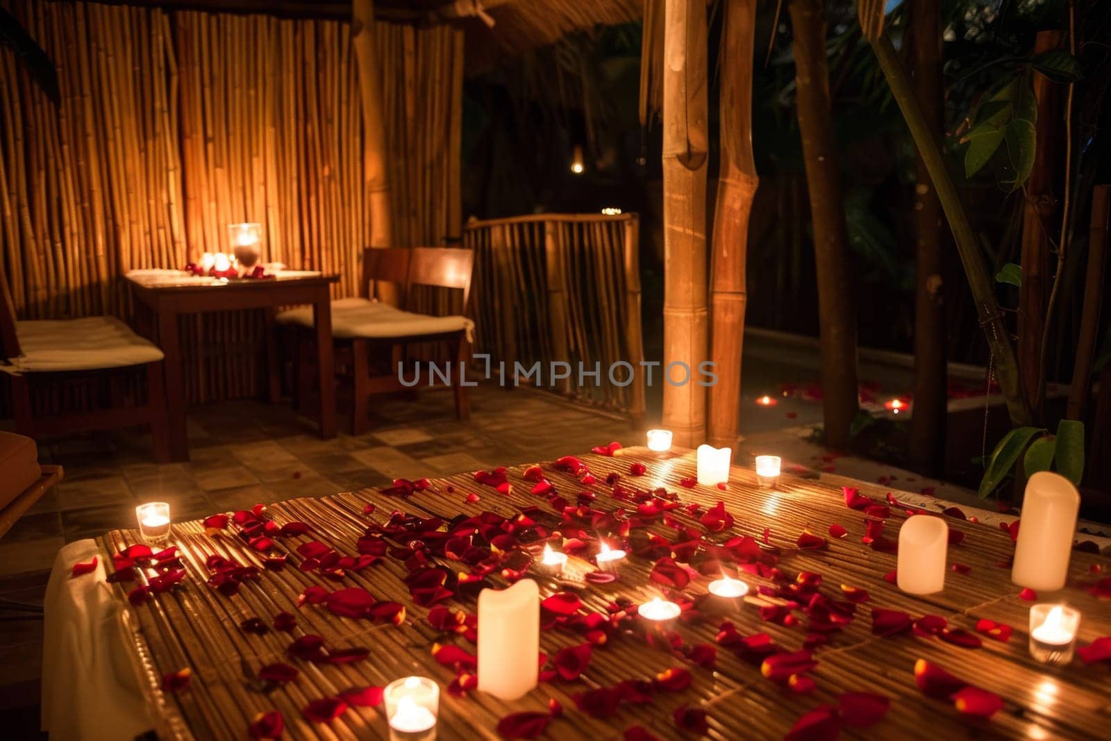 Romantic dinner setup with candles and rose petals