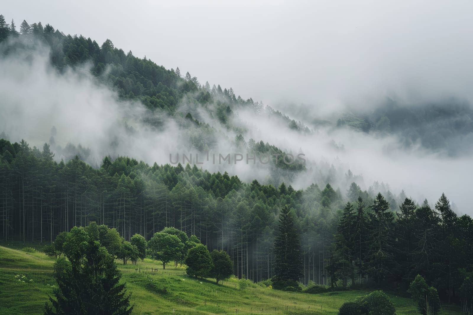 Rolling fog over a tranquil landscape