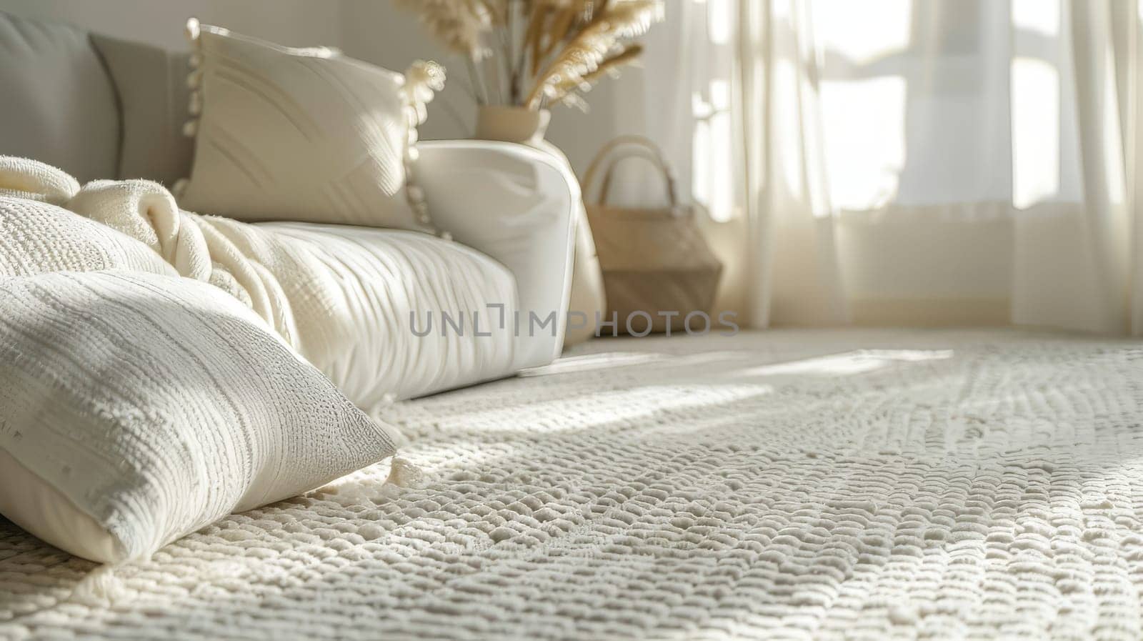 A living room with a white couch and pillows, and a rug. The room is bright and airy, with a window letting in natural light