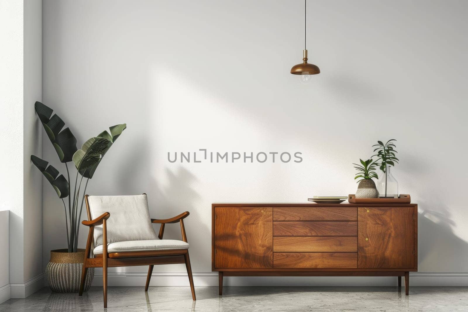 Retro mid-century modern decor against a soft transparent white surface, adding vintage flair