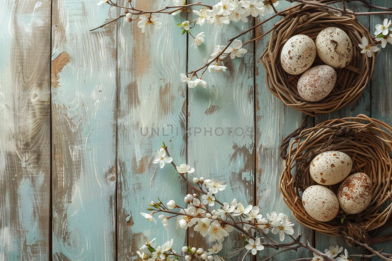 Rustic Easter background with vintage-inspired decorations and rustic charm