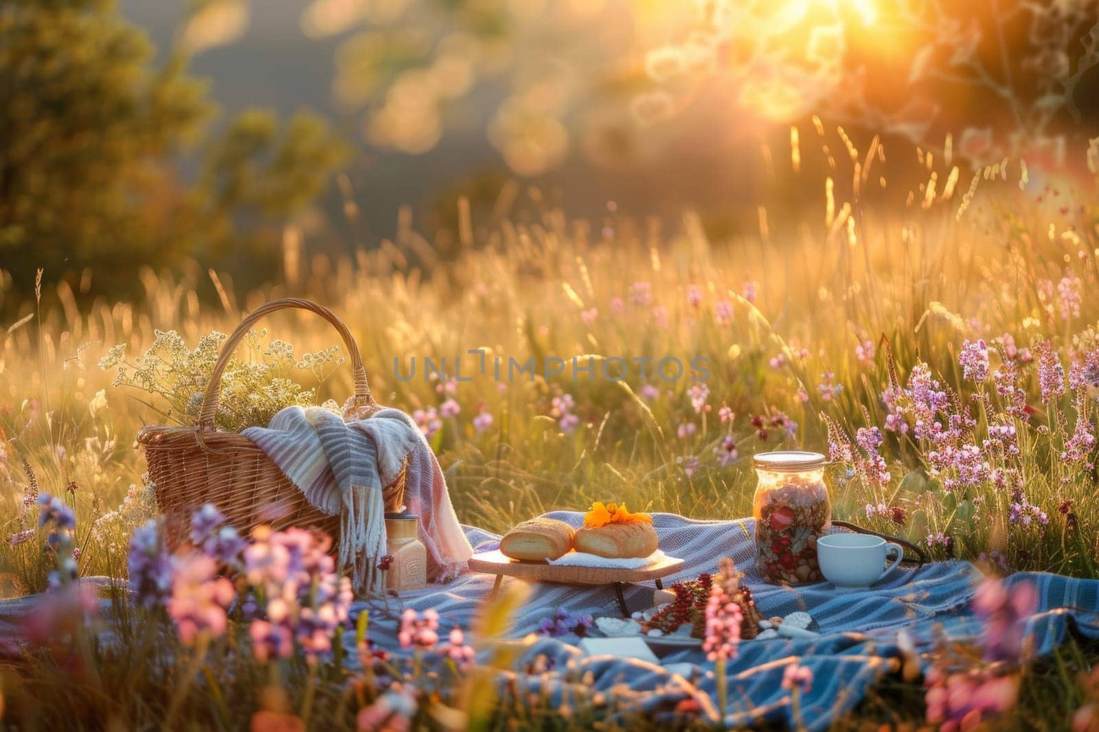 Romantic picnic for two in a sunlit meadow