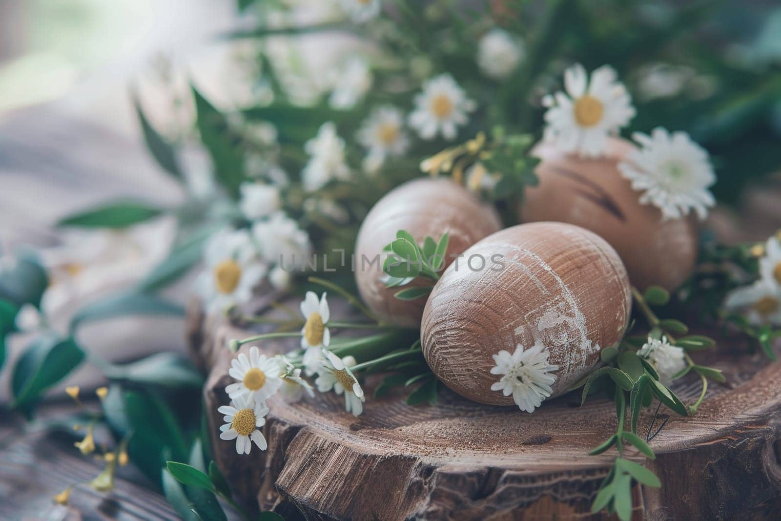 Rustic Easter background with wooden eggs and floral decorations