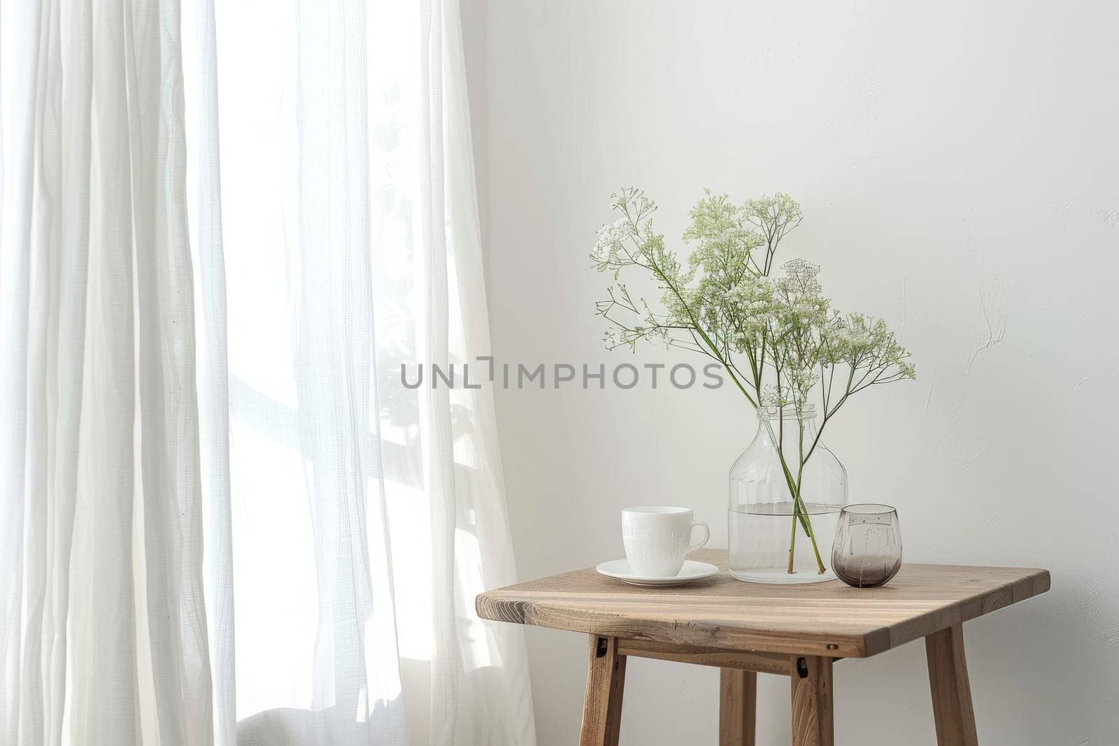 A table with a vase of flowers and a cup of coffee. The table is in a room with white walls and a window